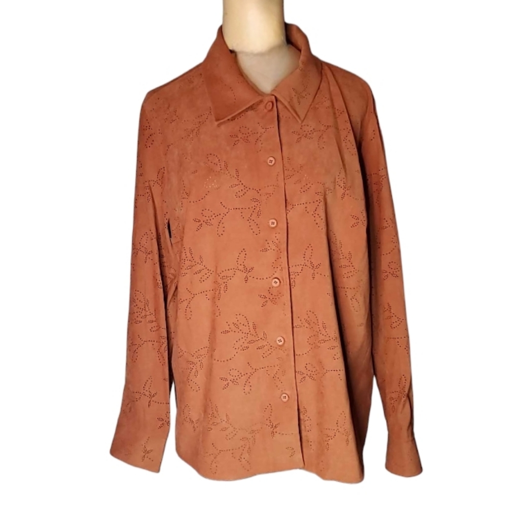 Talbots ButtonUp Shirt Jacket Cinnamon Brown Stretch Womens XL Long Sleeve